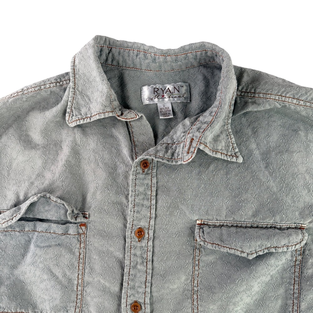 Ryan Michael Button Down Shirt Mens L Blue Silk Cotton Western Floral‎ Jacquard